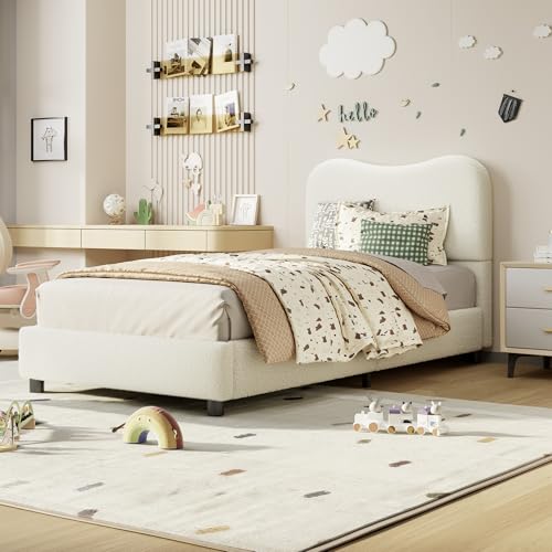 GarveeHome Twin Bed Frame for Kids with Velvet Upholstered Headboard, Cute Low Profile Platform Bed for Girls and Boys, No Box Spring Needed, Strong Wooden Slats, Noise Free, Easy Assembly, Beige