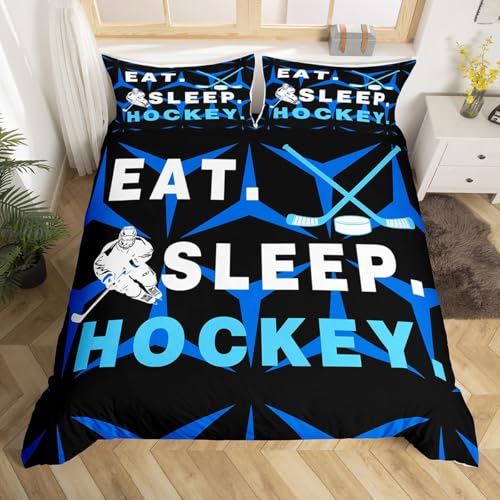jejeloiu Kids Blue Ice Hockey Bedding Set Toddler Size Ice Sports Games Bedding Duvet Cover Set Decor Hockey Player Geometric Comforter Cover Set Lighting Geometry Bedspread Cover 2Pcs,No Comforter
