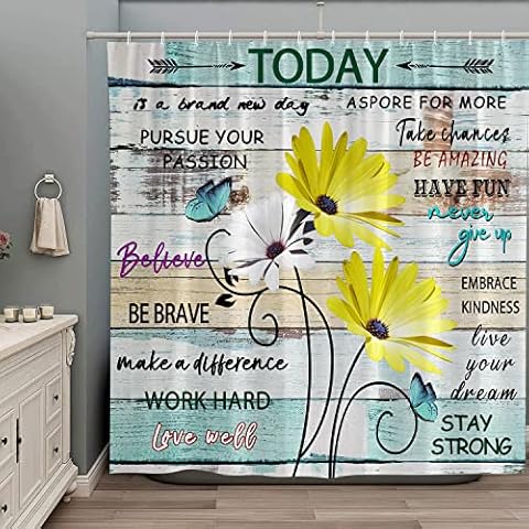ZZYSKS Inspirational Quote Daisy Shower Curtain Rustic Farmhouse Yellow White Flower Teal Butterfly on Country Wooden Barn Positive Phrase Bath Decor Curtains with Hooks 70x70 Inch Cover