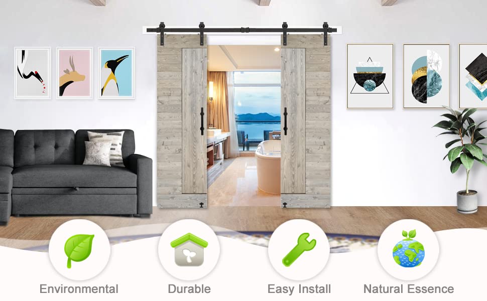 S&Z tophand® Double 20 in. x 84 in. Elephant Gray Barn Door with 8FT Sliding Door Hardware Kit, 20/24/30/32/36/42/48/54in , Modern Style Barn Door/Solid Wood/Sliding Door/Simple Assembly is Required