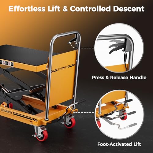 CAMMOO Hydraulic Lift Table Cart, 330lbs Capacity 49.6" Lifting Height, Double Scissor Lift Table with Non-Slip Pad & Safety Guard for Material Handling & Transportation, Yellow