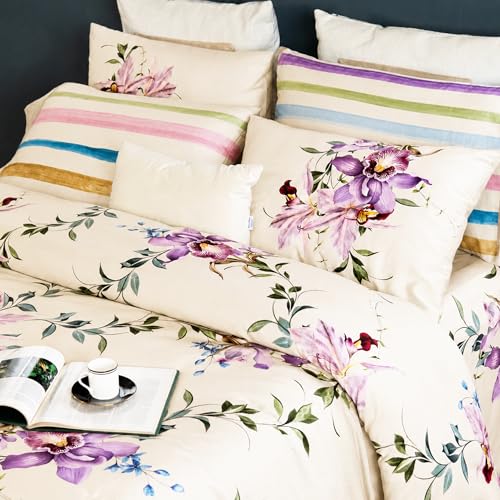 Image of Digitally Printed Premium Bedsheet Set | 300 TC 100% Cotton 1 Queen Bedsheet Set | Extra Smoothness with Sateen Weave| Orchid Cream Bedsheet Set (1 Flat Sheet + 2 Pillow Cases)