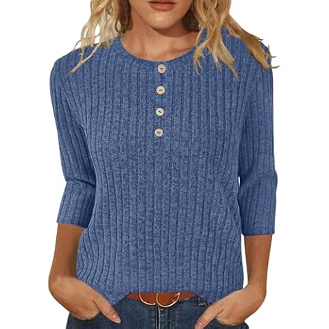 JomeDesign Sweaters for Women Trendy 3/4 Sleeve Tops Casual Tunic Blouses Fashion Clothes Blue Cover