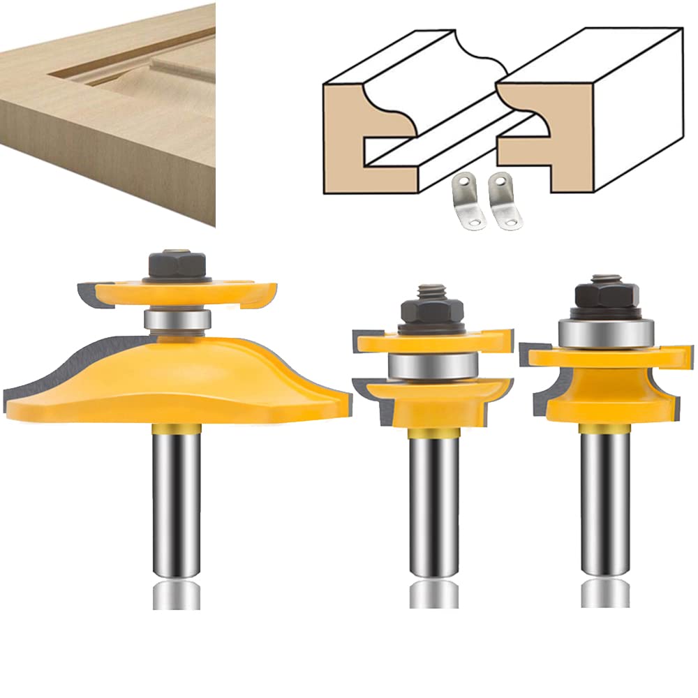 LEATBUY 3 PCS Router Bit Set 1/2 Inch Shank Round Over Raised Panel Cabinet Door Rail and Stile Router Bits, Woodworking Wood Cutter, Wood Carbide