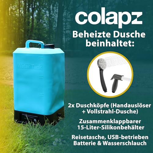Colapz Elektrische Campingdusche mit Akku & 15L Wassertank – Tragbare Außendusche bis 42°C Warmwasser – Mobile Dusche für Wohnmobil, Van, Outdoor Reisen, Festival, Wandern & Garten
