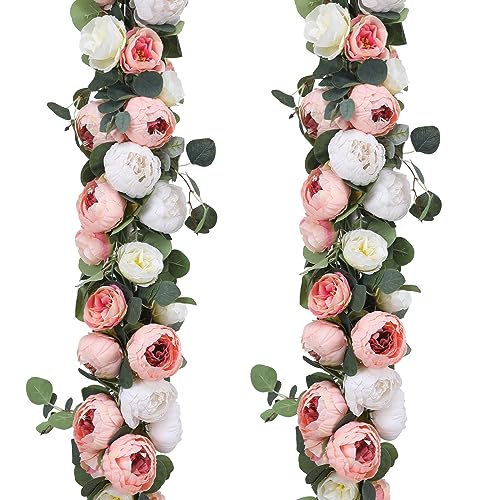 Floweroyal 2 Pack Artificial Flower Garlands 11.2FT Eucalyptus Garlands with Flowers 8 Head Peony Flower Vine Faux Floral Garland for Wedding Arch Table Wall Backdrop Wreath Decoration. (Pink & White)