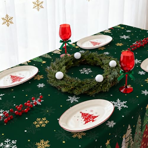 Image of Gistome 3-Piece 54 x 108 Inch Christmas Tree Plastic Tablecloth - Festive Green Holiday Disposable Table Cover for Winter Parties, Christmas Dinners, and Indoor Outdoor Decorations