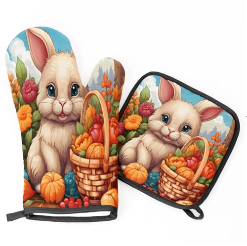 Garden Rabbit Basket Oven Mitts Kitchen Oven Gloves for Cooking Baking Heat Proof Lining Cotton Kitchen Potholder Mittens Pot Holders Hot Pads for Chef Women Men