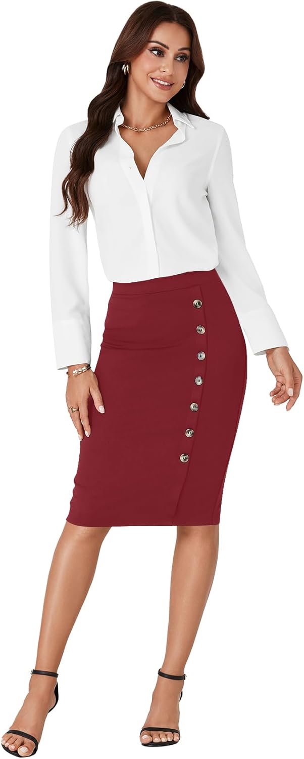 LYANER Women's Basic High Waist Pencil Bodycon Button Knee Length Straight Office Midi Skirt - Image 6