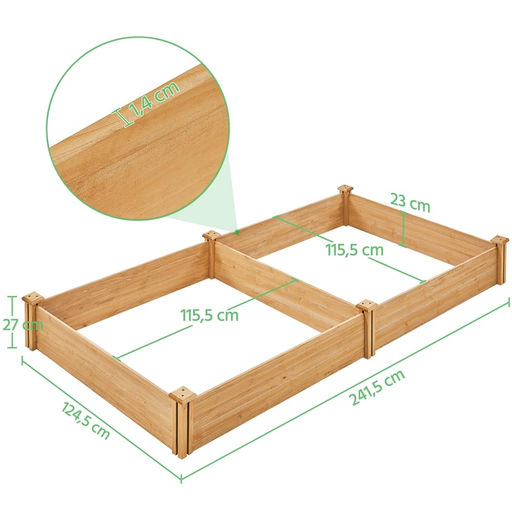 Yaheetech Letto Rialzato da Giardino in Legno Massiccio 234,5 cm × 120,5 cm × 25,2 cm con Griglia Centrale Fioriera da Giardino per Coltivazione Marrone Chiaro
