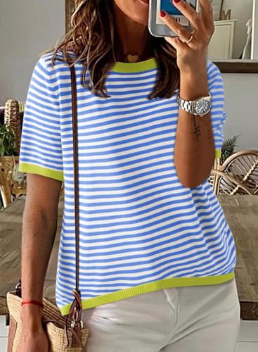 Womens Summer Fall Short Sleeve Sweaters Striped Lightweight Cotton Sweater Crew Neck Color Block Pullover Tops3