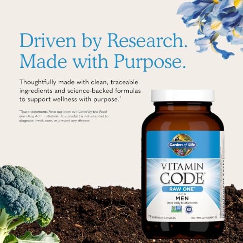 Image of Garden of Life Vitamin Code Raw One for Men, Once Daily Multivitamin, 75 Capsules, One a Day Mens Vitamins plus Fruit, Veggies & Probiotics for Mens Health, Vegetarian Multivitamins