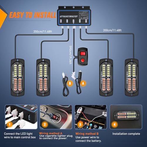 Image of Nilight 4PCS LED Strobe Lights 12V 24V Sync Feature Red White | 24LED Emergency Hazard Warning Lights with Controller Hard Wire or Cigarette Lighter Plug for Car Truck RVs Campers