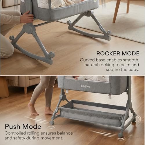Image of BAYBEE Premium Bedside Crib for Baby with Rocking | Bassinet for New Born with 4 Height Adjustable & Recline | Baby Cot with Mosquito Net & Storage Box | Bedside Cribs & Cots for 0 to 2 Years (Grey)