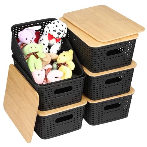 SHENMAIDAY 6-pack plastic storage bins with bamboo lids, stackable storage bins, plastic baskets with lids, bamboo lid desktop organizer storage boxes for shelves drawers closets (Black)
