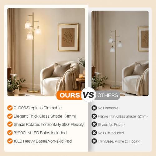 Image of Dimmable Floor Lamp, 3 x 900LM Edison Bulbs Included, Modern Gold Tree Standing Lamp with Elegant Frosted Glass Flower Shade 3 Light Vintage Floor Lamp for Living Room, Bedroom, Office