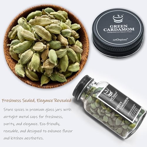 Image of ArtOspices Green Cardamom 8MM (Elaichi) 50g & Black Pepper (Kali Mirch) 80g Set | Pure Whole Spices | Handpicked Aromatic & Fresh | Ideal for Cooking, Gifting | Glass Jar Packed