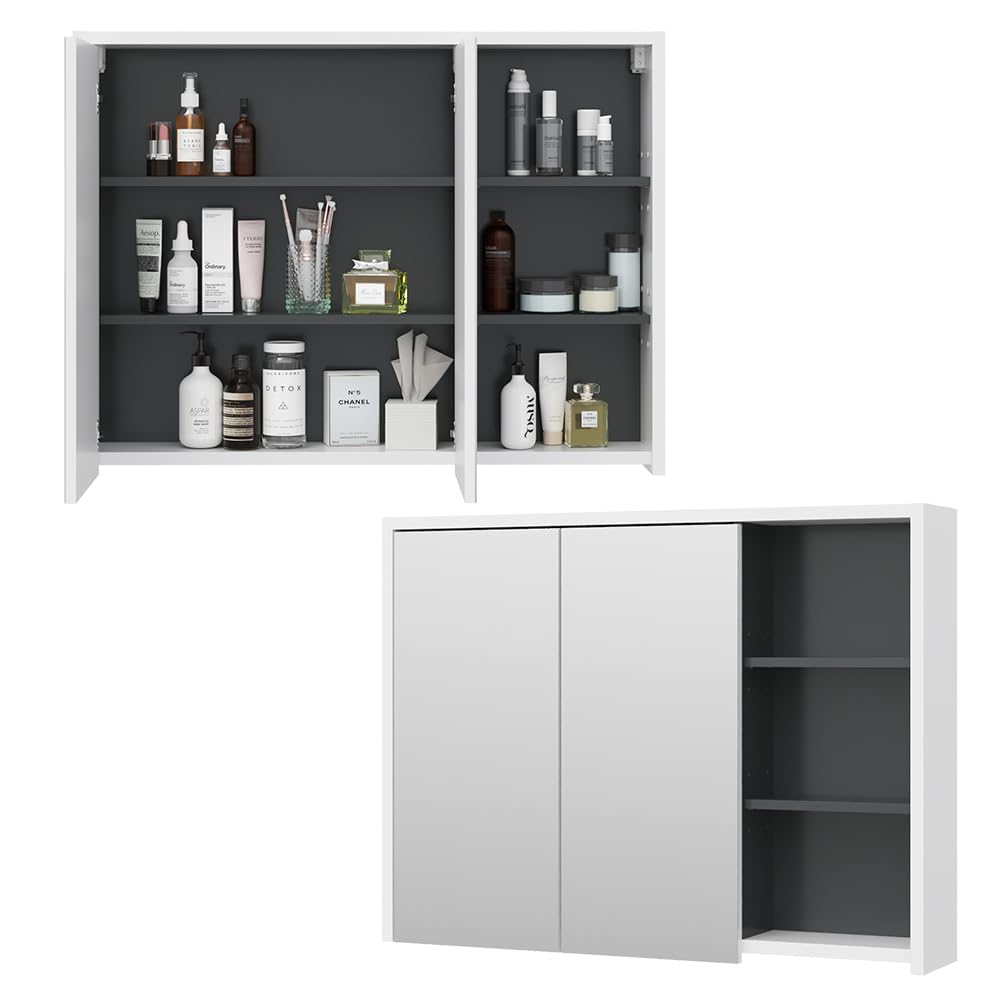 Vicco Specchio contenitore bagno Viola, Bianco/antracite, 100 x 75 cm, per montaggio a parete con ripiani aperti