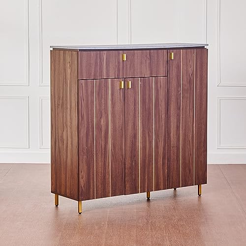 Image of Home Centre Engineered Wood Roger Marble Top 21 Pairs Shoe Cabinet with Drawer - Brown