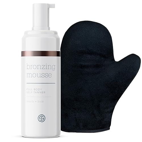 SJOLIE Self Tanner - Mousse de bronceado sin sol Express + aplicador de guante | Color oscuro medio, sin rayas, vegano, sin parabenos