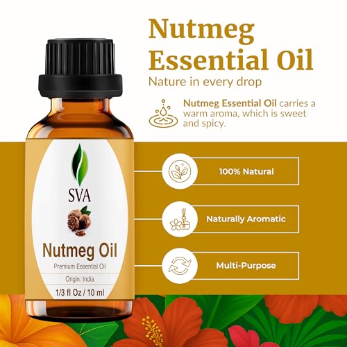 Image of SVA Nutmeg Essential Oil 1 /3 Fl Oz - for Diffuser, Skin & Hair Care - Ideal for Massage & DIY Blends - with Dropper
