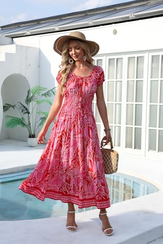 Image of OSTOO Women's Floral Maxi Dress Boho Summer Short Sleeve Smocked Waist Tiered Long Dress