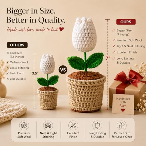 Image of Handcrafted Crochet Flower Pot | 7 Inch Handmade Wool Flower Plant | Premium Soft Yarn Decor | Cute Desk & Home Decoration | Unique Gift for Birthday, Anniversary & Valentine (Tulip)