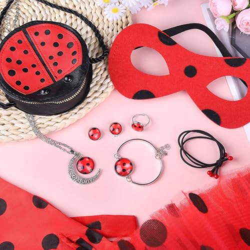 Ladybug Costume Accessories Set for Children's Skirt Gloves Eye Mask Bag Bracelet Ear Clip Necklace Hair Rope Ring Role Playing Set Ladybug Fancy Dress Costume for Halloween Carnival Birthday Party