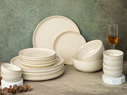 Image of Bodhi House Handcrafted Chip Resistance Porcelain Solid Dinner Set, 20 Pieces Dish Set Serving for 6, Microwave and Dishwasher Safe, Bone-Ash Free, Crockery Set for Dining and Gifting, Spanish White