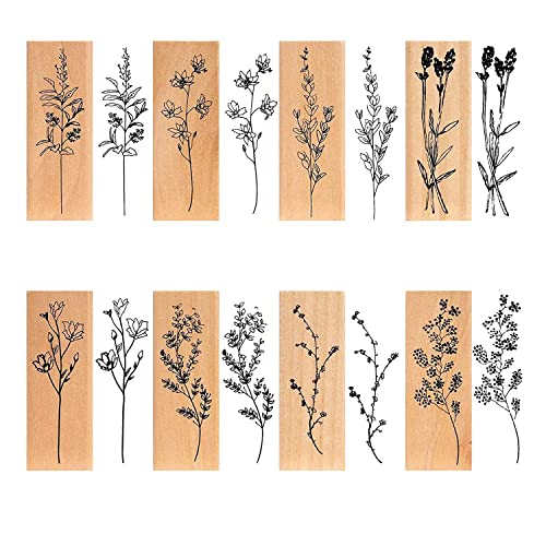 Yayatty 8 Pcs Vintage Wooden Rubber Stamps With 5 Pcs Craft Ink Stamp Pads Set, Wooden Plant Stamps Set Vintage Rubber Stamps For Crafting For Diy Craft, Letters Diary And Craft Scrapbooking #TOP1