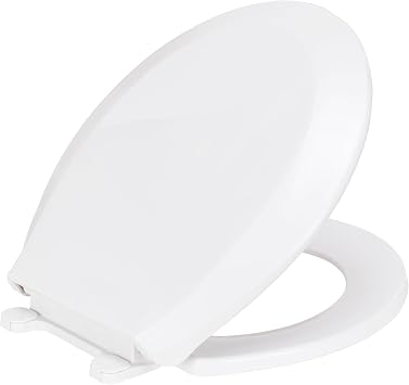 Slow Close Beveled Plastic Toilet Seat By PREMIUS, Standard Round, 17 Inches, White, Easy Installation, Plastic Hinges, Comfortable & Durable, Stain-Resistant & Easy Cleaning, Quiet Close