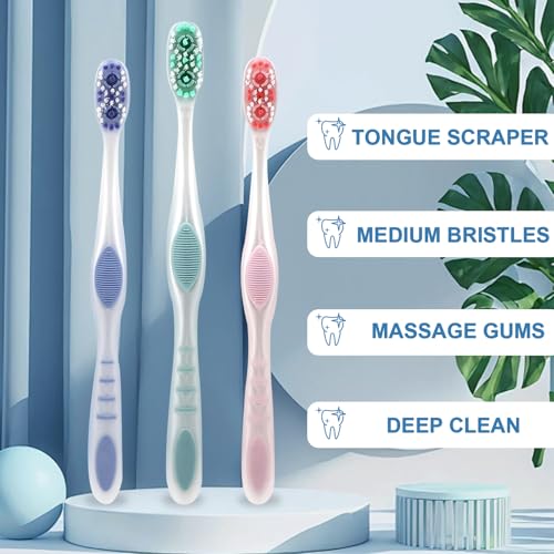 Image of DR.BRIGHT Adult Toothbrushes Medium 6 Pack | Medium Toothbrush for Adults with Tongue Scraper & Ergonomic Handle | Individual Packaging Travel Toothbrush BPA-Free, Assorted Colors
