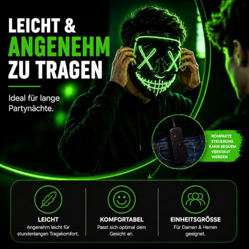 LED Purge Maske grün - Kostümmaske steuerbar für Halloween, Fasching & Karneval als Kostüm für Herren & Damen (Farbauswahl) (grün) – Ansicht 3