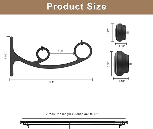 Miniatura 6 de Barras de cortina dobles modernas, barra de cortina negra mate de 36 a 72 pulgadas de longitud con tapas de extremo decorativas simples, 1 pulgada