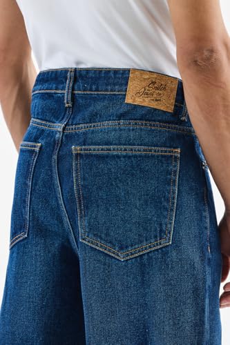 Image of SNITCH Men Jeans Casual Wear | Loose Fit, Turned-Up Cuffs, Classic Blue Wash | 100% Cotton, Mid Rise, Relaxed Thigh, Wide-Leg, Five Pockets, Machine Wash