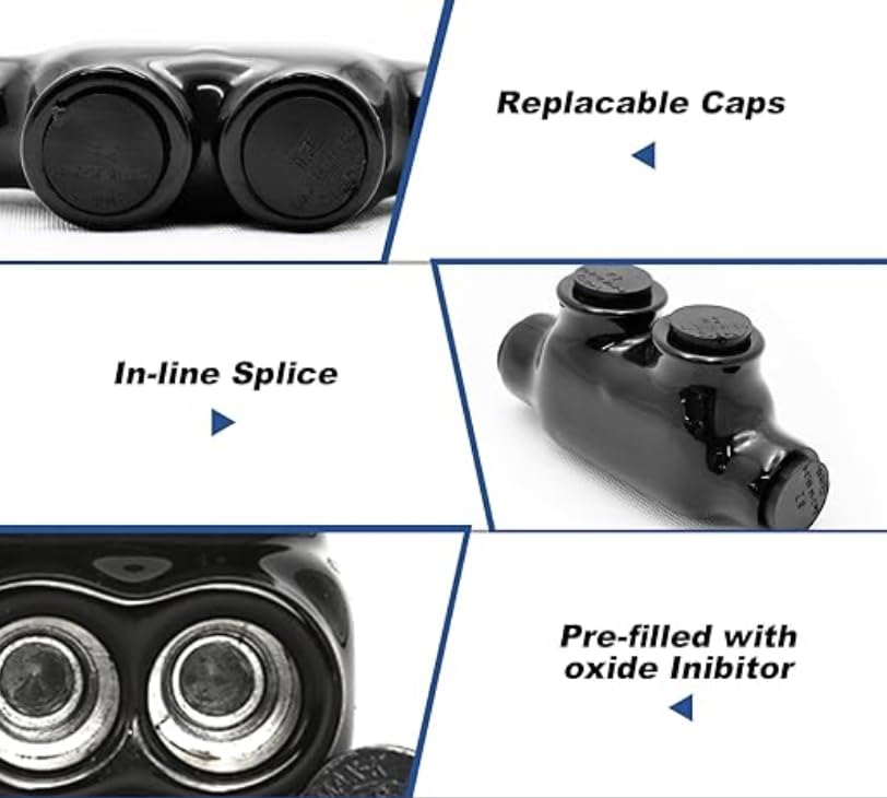Black Insulated in-line Wire Splice Connectors, Large Wire 600MCM-6 AWG Gauge, Up to 600 Volt Rated, Dual Rated for Copper/Aluminum, 5/16" Allen Hex, Pre-Filled Oxide Inhibitor (3)