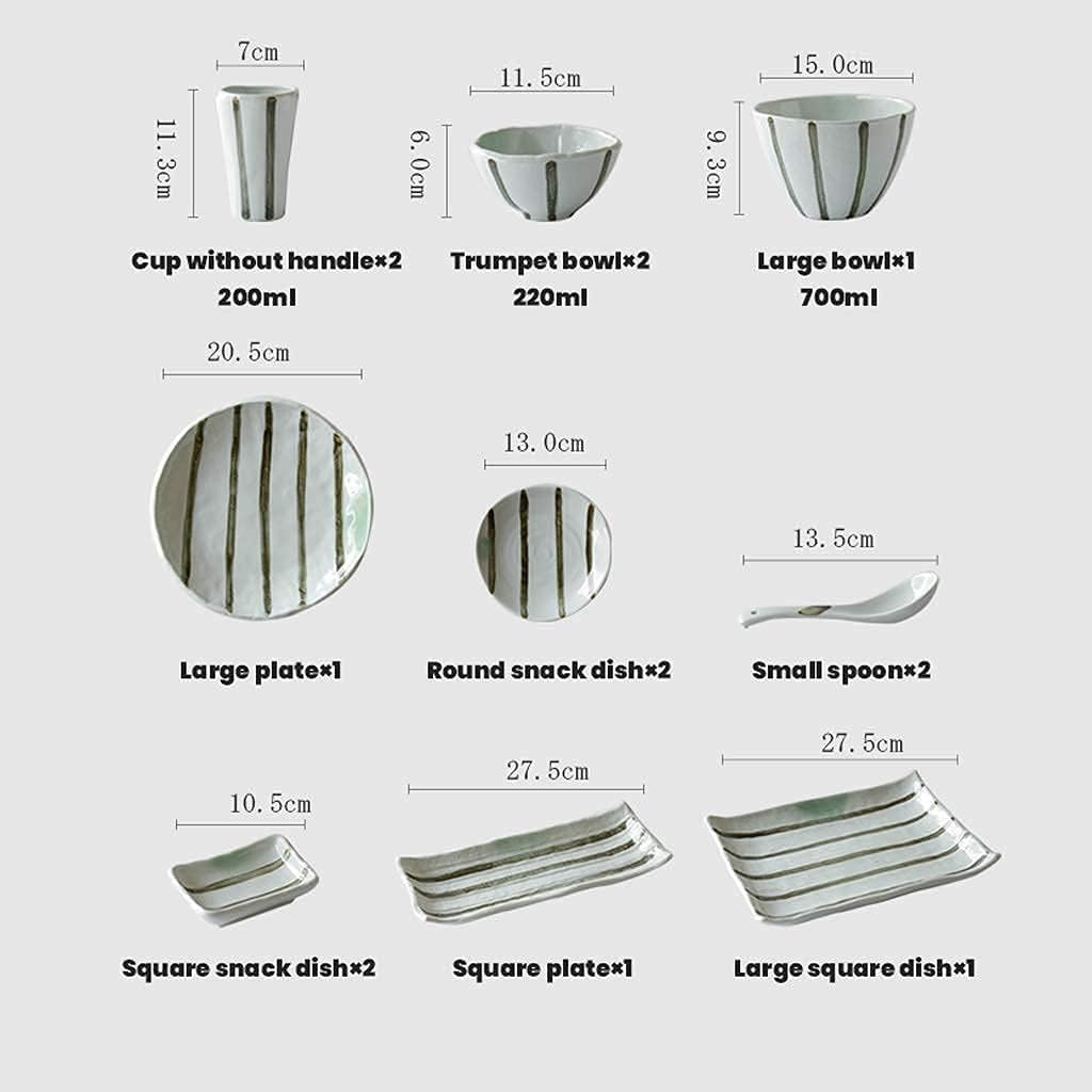 セラミックディナーセット、ボウル/カップ/スプーン|ストライプ14ピースディナーウェアセット和風手描きシアン釉磁器コンビネーションセ