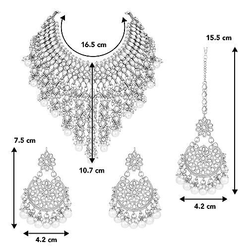 Image of Peora Kundan & Beads Studded Necklace Earrings & Maangtikka Set Ethnic Jewellery for Women & Girls