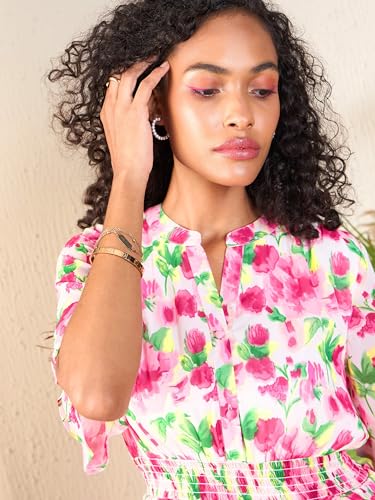 Image of SASSAFRAS Women's Layered Hem Short- Floral Printed Flared Sleeve Layered Georgette Fit & Flare Dress