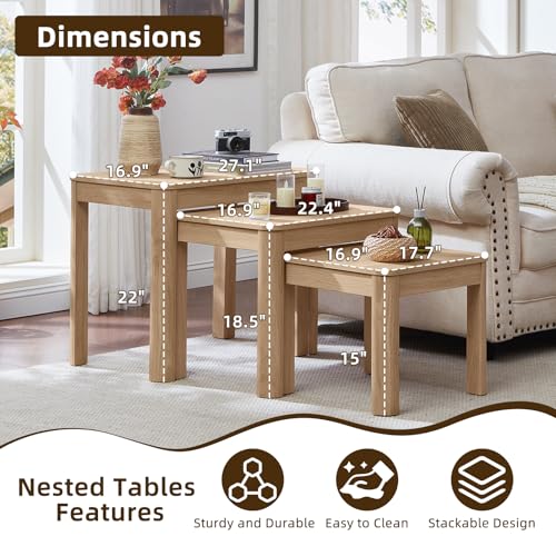Joaxswe Farmhouse Nesting Tables Set of 3, Nesting Side Tables with Rounded Corners & 4 Thickened Table Legs, Natural Wood — view 2
