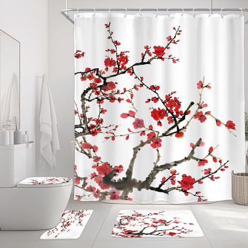 4 PCS Red Cherry Blossom Japanese Shower Curtain Asian Blooming Plum