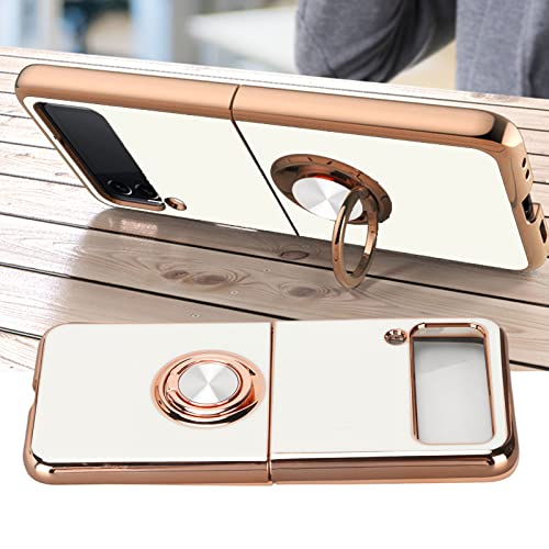 Diyeeni Compatible With Galaxy Z Flip 3 Phone Cover, Cell Phone Protective Cover, With 360° Rotation Ring Holder, Scratch Resistant Protective Case, Support Car Mount, Fashionable Appearance(White) #TOP1