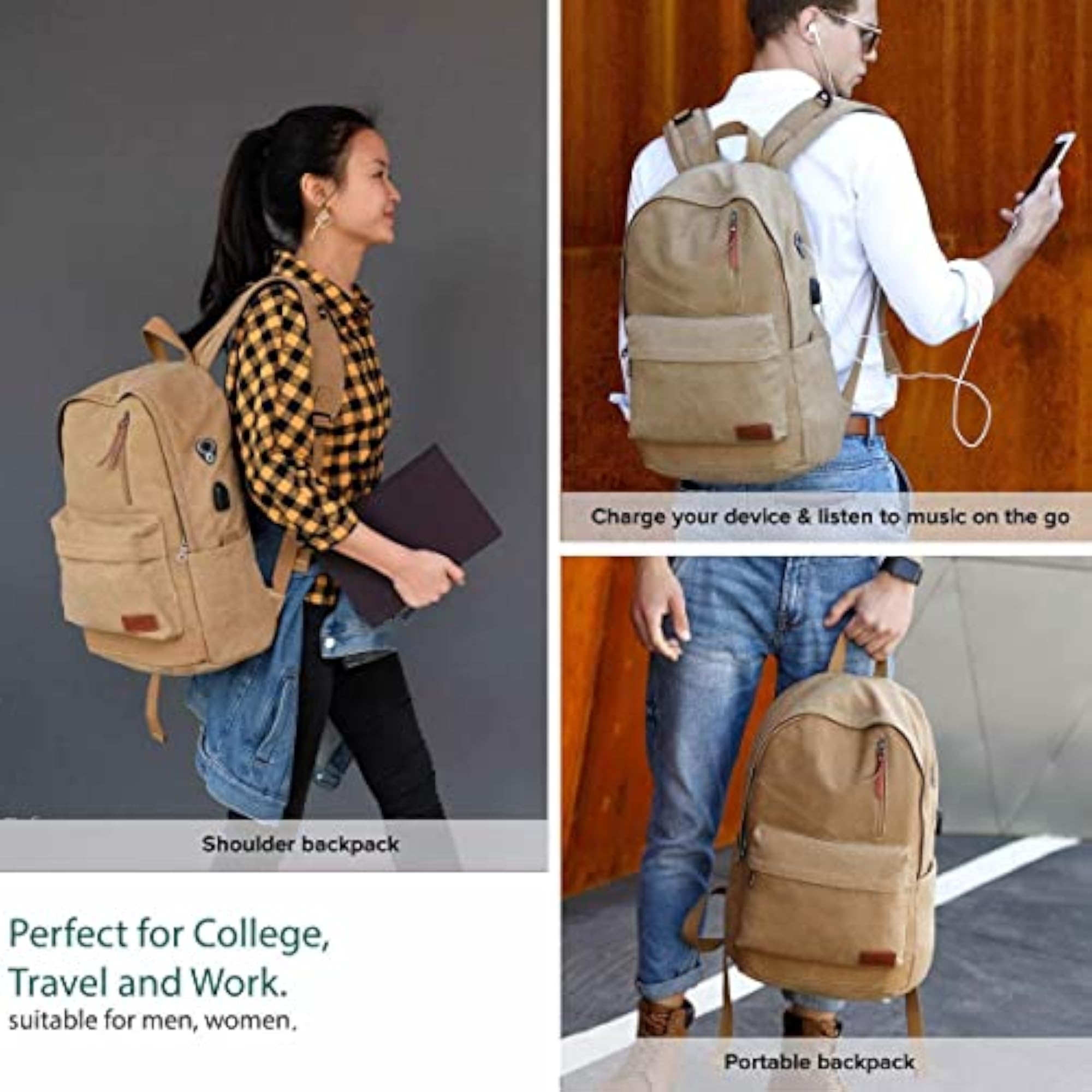 Waterproof Canvas Laptop Backpack with USB Charging Port