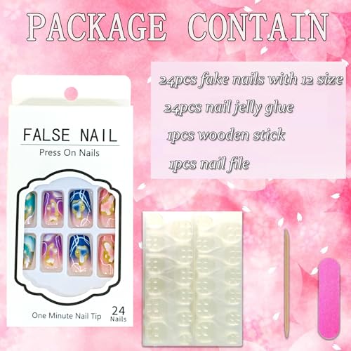 Vezocim Acrylic Square False Nails Sets, 24Pcs Pink Gradient Press on Nails Medium Coffin with Gold White Line Designs, Glossy Full Cover Artificial Fake Nails Glue Fingernails with Charm for Women