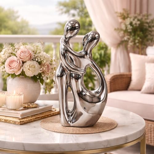 Image of Xtore Abstract Metallic Couple Ceramic Figurine for Modern Home Decor, Symbolic Love Sculpture