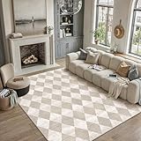PureCozy Rugs Living Room Area Rug 200x300cm Beige Bedroom Large Checkered Carpet Washable Non Slip Lounge Office Dining Room Soft Low Pile Modern Geometric Carpets