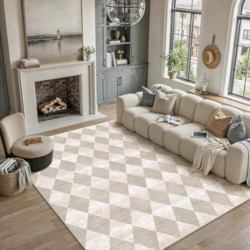 PureCozy Tappeto Salotto 200x300cm Beige Lavabile in Lavatrice Antiscivolo Camera da Letto Grande Tappeti Moderno Geometric Rombo Carpet Soggiorno Cameretta Ufficio Pelo Corto Rug