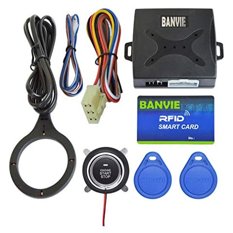 BANVIE Car RFID Alarm System Push to Engine Start Stop Button for Security Anti-Thief (Blue RFID Key) Cover