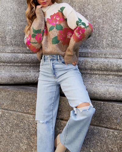 Image of Women's Flower Sweater Crew Neck Casual Long Sleeve Drop Shoulder Pullover Sweaters Knit Top
