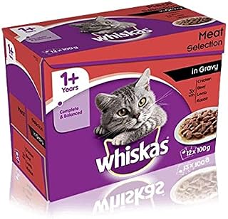 Whiskas 1+ Cat Wet Food in Pouch for Adult Cats, Meaty Selection in Gravy, 12x 100g